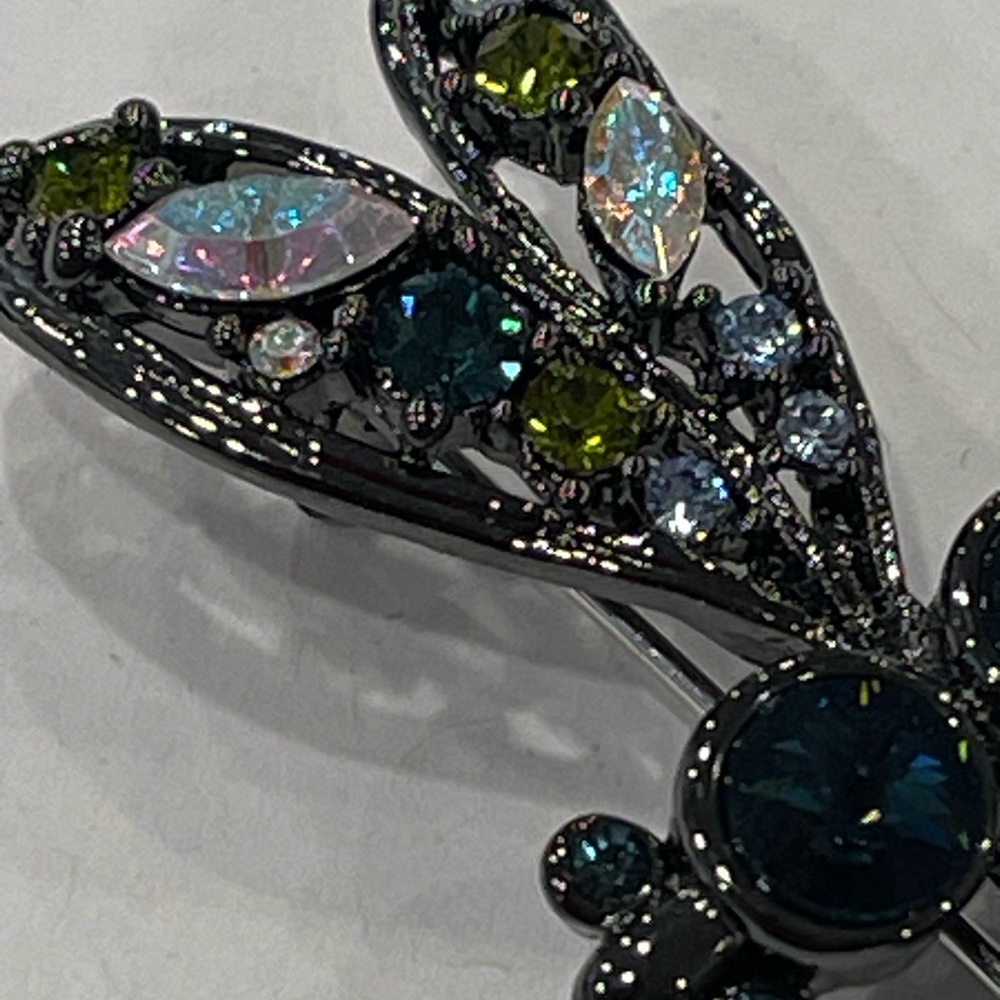 Vintage Multicolor Rhinestone Dragonfly Brooch Black Metal  Has Crown Mark - Picture 15 of 16